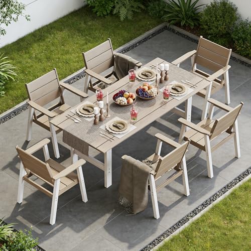 Polyhouz Outdoor Dining Set,7-Piece Patio Table and Chairs Set for 6, HDPE Outdoor Dining Table and Chairs with Umbrella Hole, All-Weather Patio Dining Furniture Set,White Brown
