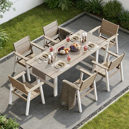 Polyhouz Outdoor Dining Set,7-Piece Patio Table and Chairs Set for 6, HDPE Outdoor Dining Table and Chairs with Umbrella Hole, All-Weather Patio Dining Furniture Set,White Brown