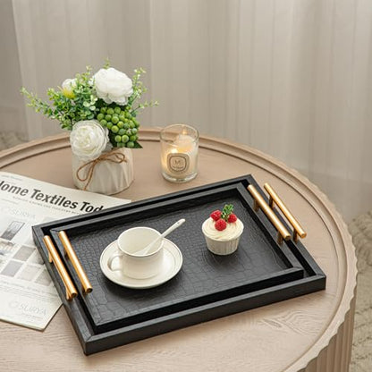 JUMBO HUMBLE Modern Elegant Large Wood Serving Tray, Set of 2 Black Crocodile Leather with Gold Polished Metal Handles, Home Decorative Rectangle Ottoman Decor Platter Living Room Bathroom Vanity Tray