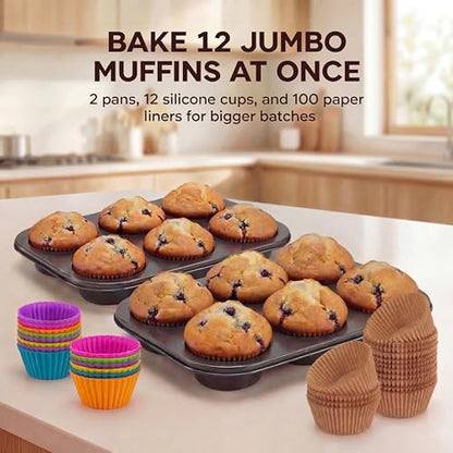 PIGOABZ 2 Pack Jumbo Muffin Pan, 6 Cup Nonstick Texas Muffin Pans with 12 Reusable Silicone Muffin Cups and 100 Paper Liners, Jumbo Cupcake Baking Pans for Large Muffins (X-Large)
