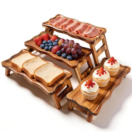 BOY MCOWBOY Acacia Wood 4 Tiered Serving Tray for Party, 16.7" x 7.7" Cupcake Stand Foldable Dessert Table Display Set Charcuterie Boards for Birthday Wedding Veggie Fruit