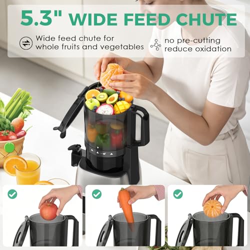 Juicer Machines, 5.3" Wide Feed Chute Cold Press Juicer for Whole Fruits & Vegetables, High Juice Yield with 2 Cups, Easy to Clean, Masticating Juicers Machine for Home Kitchen