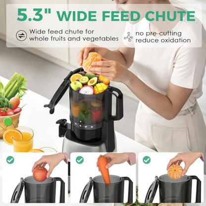 Juicer Machines, 5.3" Wide Feed Chute Cold Press Juicer for Whole Fruits & Vegetables, High Juice Yield with 2 Cups, Easy to Clean, Masticating Juicers Machine for Home Kitchen