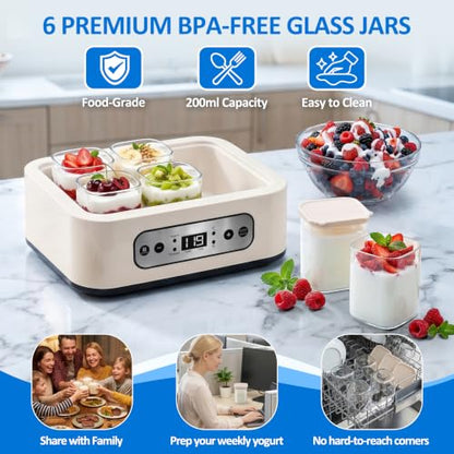 ESOHOT Yogurt Maker Machine with 6 BPA-Free Glass Jars, Digital Temperature Control & Timer, Automatic Yogurt Maker for Homemade Greek Yogurt, LED Display