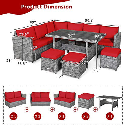 Tangkula 7 Pieces Patio Furniture Set, Outdoor Sectional Rattan Sofa Set with Cushions, All Weather Wicker Conversation Couch Set w/Dining Table & Ottomans for Backyard Garden Poolside