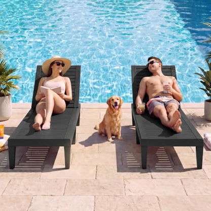 Outdoor Chaise Lounges, Patio Lounge Chair, Black Wood Grain, Set of 2