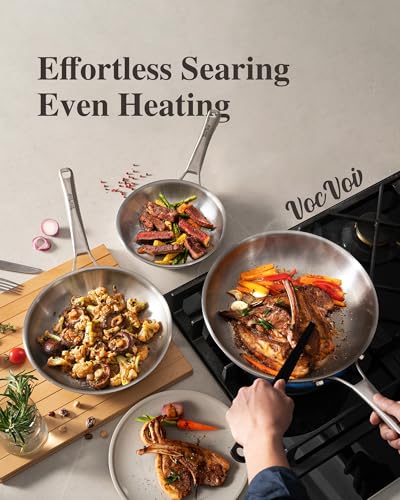 VocVoi Stainless Steel Pan, 12 Inch with Lid Stainless Steel Frying Pan, Non Toxic Tri-Ply Skillet, PFOA&PTFE Free, Oven and Dishwasher Safe, Induction Compatible