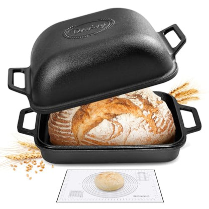 Davivy 9QT Large Dutch Oven for Sourdough Bread with Silicone Baking Mat, Pre-Seasoned Non-stick Cast Iron Sourdough Loaf Pan, Cast Iron Sourdough Baking Pan Large Capacity