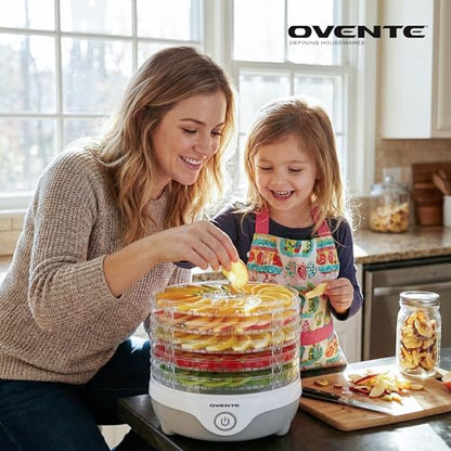 OVENTE Food Dehydrator Machine with 5 Stackable Clear Trays and Drying Space, 240W Electric Food Preserver and Dryer for Snacks, Beef Jerky, Fruits, Veggies, Yogurt and Herbs, Grey DF215GY