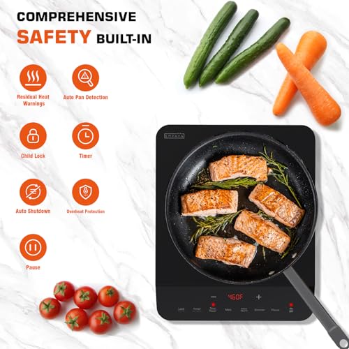 Empava Portable Induction Hot Plate Cooktop, Single 1 Burner Countertop Cooker, 3 Preset Modes, Shatter-proof Flat Glass Top, 110~120 Volt Plug in Electric Stove for Kitchen, Outdoor Camping, RV