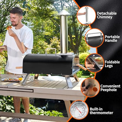 PIZZELLO 16" Outdoor Pizza Oven Propane & Wood Fired Multi-fuel Large Stainless Steel Pizza Grill with Gas Burner, Wood Tray Pizza Stone, Pizza Peel, Carry Bag (Black)
