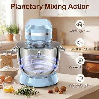 LAZMOQUSA Stand Mixer, 6.5 Quart, 660W, Tilt-Head Food Mixer with 10+ Speeds, Stainless Steel, Multifunctional, for Bread Dough and Cake (Blue)