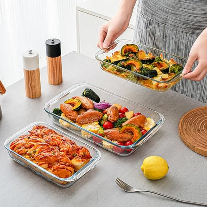 Pmssypl 3 Pack High Borosilicate Glass Baking Dishes for Oven, (2.3QT, 1.6qt, 1.0QT), Rectangular Bakeware Sets, Deep Glass Casserole Dishes with Handle for Microwave, Oven, Baking, Meal Preparation