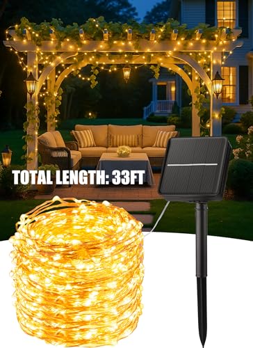Minetom Solar Fairy Lights,33Ft 100 LED Solar String Lights Outdoor, IP65 Waterproof Patio Lights with 8 Modes for Tree Patio Christmas Party Wedding Decor (Warm White)