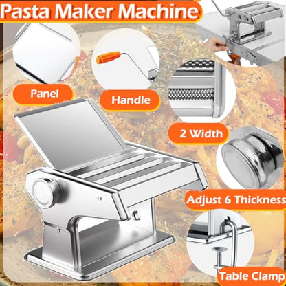 Pasta Making Tools, Pasta Making Kit, Includes Pasta Maker Machine, 1 Pasta Drying Rack, 3 Rolling Pins, 1 Gnocchi Board, 1 Dough Cutter, 1 Ravioli Cutter, 2 Pasta Stamps, 1 Silicone Dough Mat