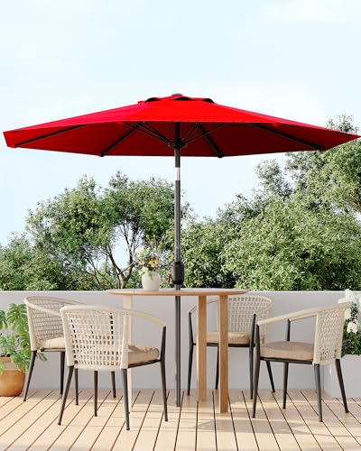 GarveeLife 9 ft Outdoor Patio Umbrella, Table Market Umbrella With Push Button Tilt and Crank, 8 Sturdy Ribs UV Protection Waterproof for Garden, Deck, Backyard, Pool (Red)