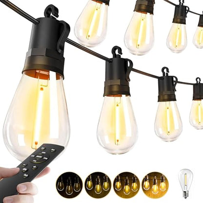 Outdoor String Lights Patio LED - Light Outside 50Ft 15M Waterproof Remote Dimmable S14 Porch Lighting Edison Plastic Bulb Pergola Hanging Balcony Connectable Backyard Yard Gazebo Party Garden Bistro