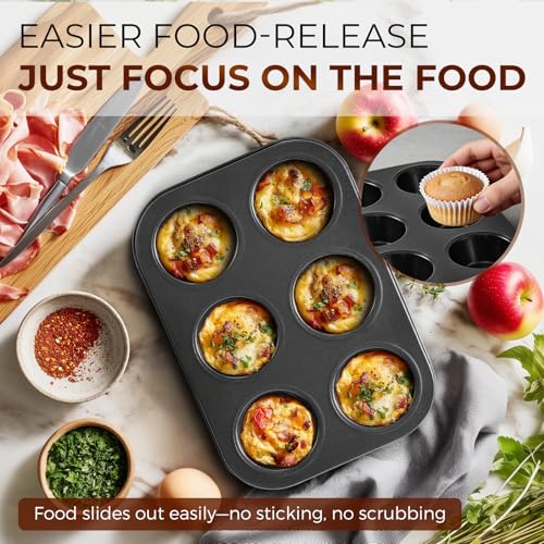 HULBy Muffin Pan 2-Pack, 6-Cup Cupcake Pans and Muffin Tins with Nonstick Coating, 10.43"x7.28"x1.1" with 2.56" Cups, for Muffins, Cupcakes, Brownies, Cheesecake, Carbon Steel, Easy Clean, Oven Safe