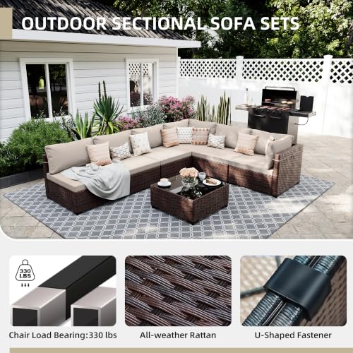 UPHA 7-Piece Wicker Patio Furniture Set with Coffee Table, Beige