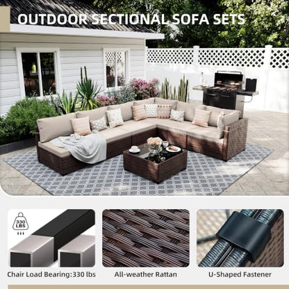 UPHA 7-Piece Wicker Patio Furniture Set with Coffee Table, Beige