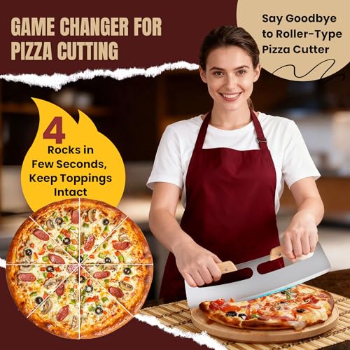 Gicyiit Pizza Cutter Rocker Blade with Wooden Handle, Premium 14inch Pizza Knife Rocker Cutter with Sharp Stainless Steel Blade and Protective Cover, Slicing Through Crust in One Single Rocking Motion
