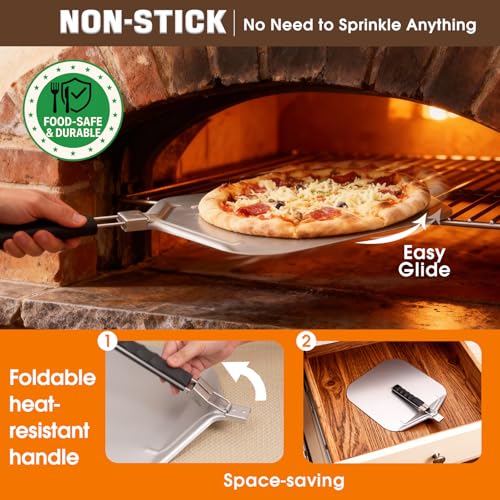 Bonteck Pizza Peel Aluminum Metal Pizza Spatula Kit | 12x14 Inch Foldable Handle Paddle | 6Pcs Pizza Oven Accessories with Rocker Cutter, Pizza Pan, Pizza Server, Oven Mitts, for Family Oven Baking