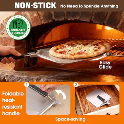 Bonteck Pizza Peel Aluminum Metal Pizza Spatula Kit | 12x14 Inch Foldable Handle Paddle | 6Pcs Pizza Oven Accessories with Rocker Cutter, Pizza Pan, Pizza Server, Oven Mitts, for Family Oven Baking