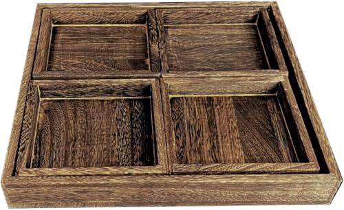 5-Piece Rustic Wooden Serving Tray Set, Handcrafted Nesting Trays with Handles for Ottoman & Coffee Table Decor, Lightweight Paulownia Wood Food Trays for Kitchen, Outdoor Picnic & Parties