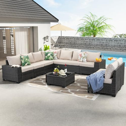 JOYURE 10 Pieces Patio Furniture Set All-Weather Outdoor Wicker Sectional Conversation Sofa Rattan Patio Seating Sofa with Cushion and Glass Table for Porch Poolside,Beige