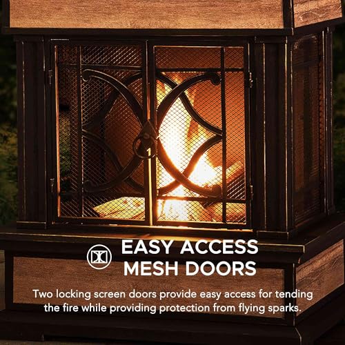 Sunjoy Outdoor Fireplace, Stone Look Tile Patio Wood Burning Steel Fireplace with Chimney, Spark Screen, Fire Poker, Rain Cover, and Removable Grate, Black with Golden Highlight