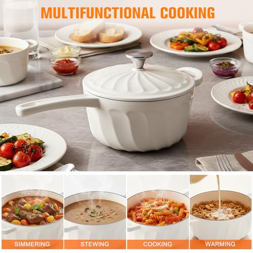 NSIRONS Enameled Cast Iron Sauce Pan, 2 Quart Saucepan with Lid, Small Cast Iron Pot Enamel Saucepan for Cooking Pasta Sauce, Gravy, Puddings, Marinate, Boiling (White)