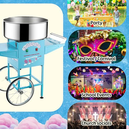 Cotton Candy Machine With Cart – 1000W Flufftastic Floss Maker With Stainless-Steel Pan, Side Trays, And 13in Wheels By Great Northern Popcorn (Blue)