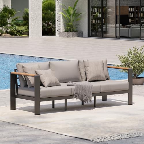 Oasbira Aluminum Outdoor Patio Furniture, 3 Seats All-Weather Outdoor Patio Sofa with Washable Thick Cushion, Patio Sofa Couch for Porch, Balcony, Deck, Yard, Gray