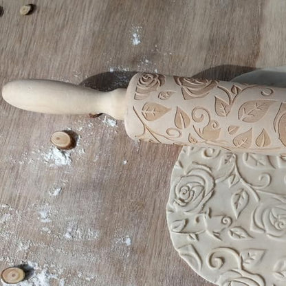 Ragyzity Wooden Embossed Rolling Pin for Baking, Rose Flower Embossed Engraved Carved Rolling Pin, Wooden Roll Pin Laser Engraved Rolling Pin DIY Tool for Making Cookie Dough Crusts Pies Pastry