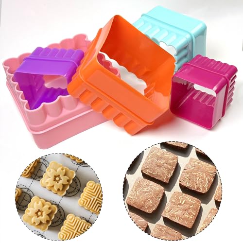 Cookie Biscuit Cutter Set, Two Side Cookie Cutters Plastic Set Multi-size Cake Fruit Vegetable Shapes Cutter Random color (Square Shaped, 5 Pack)