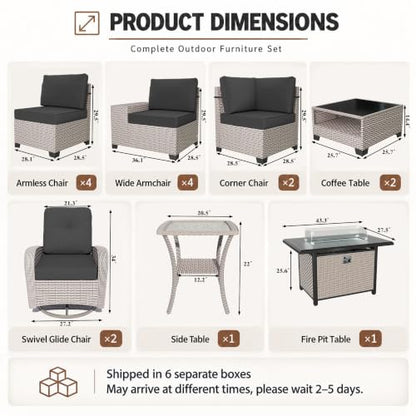 Aukreolis 16 Pieces Patio Furniture Set with Fire Pit Table, Outdoor Sectional Wicker Sofa with Thick Cushions, High Back Swivel Rocker Patio Chairs, Rattan Conversation Set with Coffee Table, Black
