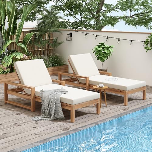 Think 30Lounge Chair Set of 2, Patio Sun Tanning Chair, Outdoor Chaise Lounger with 5-Position Reclining Back, for Pool, Balcony & Garden,Light Teak