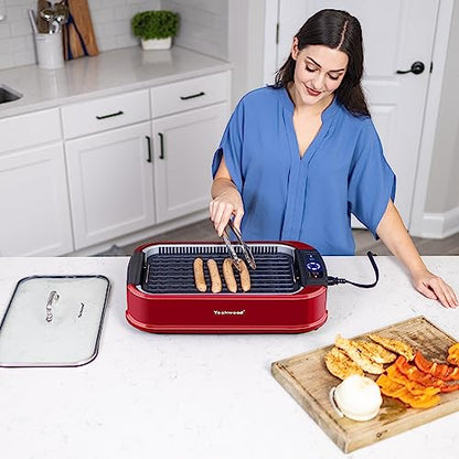 Indoor Smokeless Grill, Techwood 1500W Electric BBQ Grill with Temperature Control, Korean Grill Removable Non-Stick Grill & Griddle Plates, Tempered Glass Lid, Red
