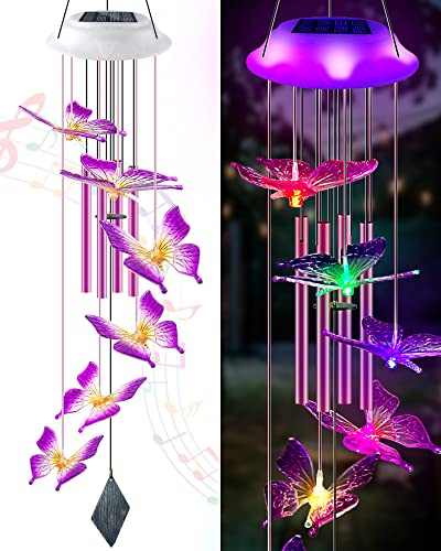 Lightalent Solar Butterfly Wind Chimes, Gifts for Mom Women, Glowing Top Changing Colors LED Wind Chime for Outside with 4 Iron Tubes, Outdoor Decor Mobile for Garden Yard (Purple)