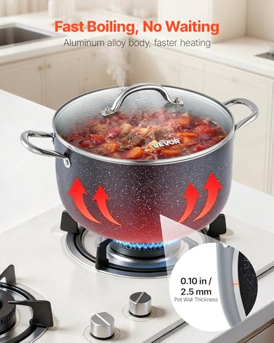 VEVOR Aluminum Stock Pot, 12-Quart Nonstick Ceramic Coated Pot with Glass Lid, PFOA-Free, PFAS-Free, Compatible with Gas Stoves, Induction Cooktops, Electric Stoves, for Soups, Stews, and Pasta