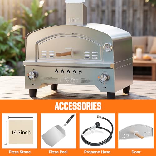 BIG HORN Gas Pizza Oven, Portable Propane Pizza Oven with 15 inch Pizza Stone, Stainless Steel Pizza Maker for Outdoor Cooking