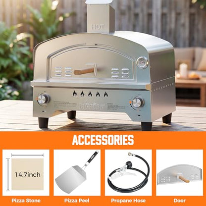 BIG HORN Gas Pizza Oven, Portable Propane Pizza Oven with 15 inch Pizza Stone, Stainless Steel Pizza Maker for Outdoor Cooking