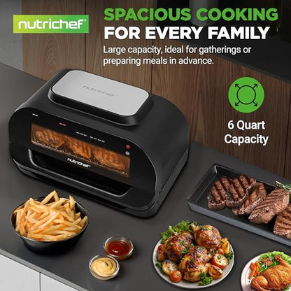 NutriChef Indoor Smokeless Grill - Smart Grill & Air Fryer with 7 Cooking Functions - 6L Capacity - Includes Smart Thermometer - Precise Temperature Control - Non-Stick Removable Grill Plates