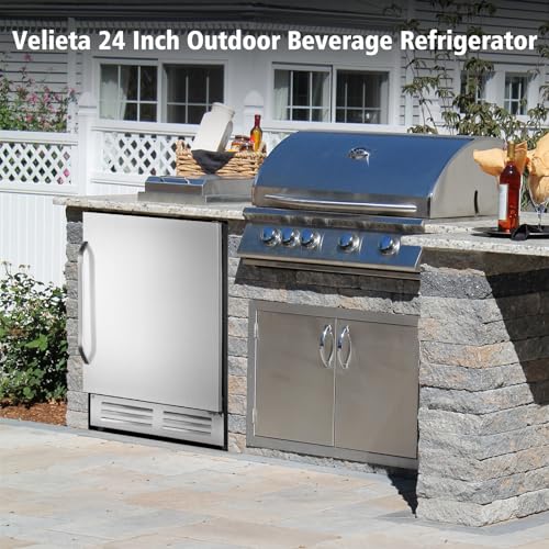Velieta 24 Inch Outdoor Beverage Refrigerator Cooler,Stainless Steel Wide Refrigerator for 210 Cans,Fit Perfectly for 24" Space Built-in Counter or Freestanding with powerful and quiet cooling system
