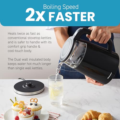 Elite Gourmet 1.7L Dual Wall Cool Touch Electric Tea Kettle, Borosilicate Glass, 304 Stainless Steel Interior, Programmed Digital Touchscreen, Keep Warm, Auto Off & Audible Indicator, Black