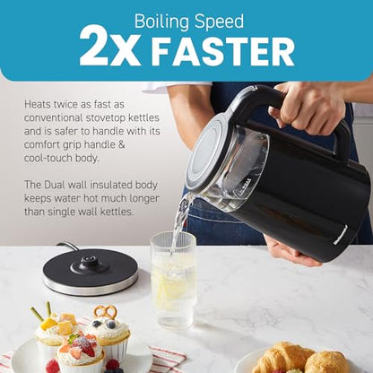 Elite Gourmet 1.7L Dual Wall Cool Touch Electric Tea Kettle, Borosilicate Glass, 304 Stainless Steel Interior, Programmed Digital Touchscreen, Keep Warm, Auto Off & Audible Indicator, Black