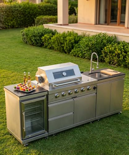 Outdoor Kitchen Island Barbecue Grill with Refrigerator & Rotisserie, Heavy-Duty Stainless Steel Freestanding Grills Station, Weather-Resistant Cooking Cabinet for Backyard & Summer Propane Gas