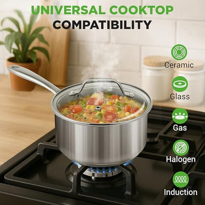 NutriChef 2 Quart Stainless Steel Saucepan with Lid - Heavy Duty Pot with Ergonomic Handles, For All Cooktops