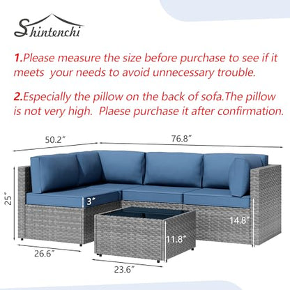 Patio Furniture Sets, 5 Piece Outdoor Sectional Sofas, Wicker Rattan Outdoor Furniture Patio Conversation Set, All-Weather PE Rattan Outdoor Couch for Backyard, Garden, Gray & Aegean Blue