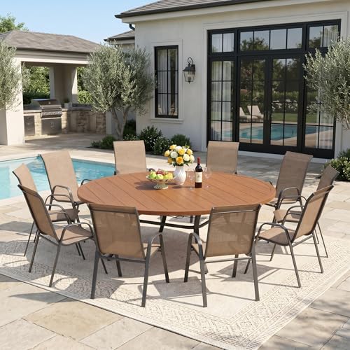 DIFY 11 Piece Outdoor Dining Set, 63" Walnut Round Metal Patio Table and Brown Textilene Stackable Chairs for 10, All Weather Patio Furniture Set with Umbrella Hole for Backyard Garden Deck